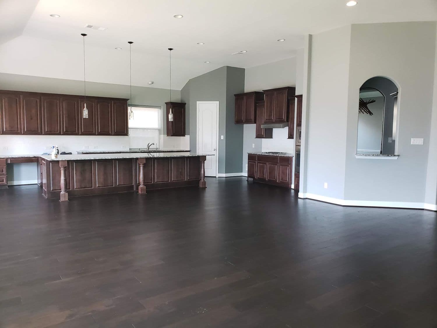Open-plan living area with dark hardwood flooring